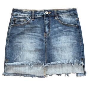 KanCan Hi-Low Fringed Denim Mini Skirt SMALL